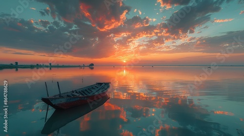 Beautifull color of clouds reflextion over water in tones of sun beem light in the morning, photo