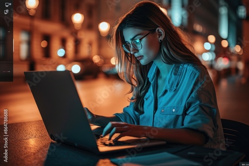 A woman is sitting at a table with a laptop in front of her. She is wearing glasses and she is focused on her work. Concept of productivity and concentration