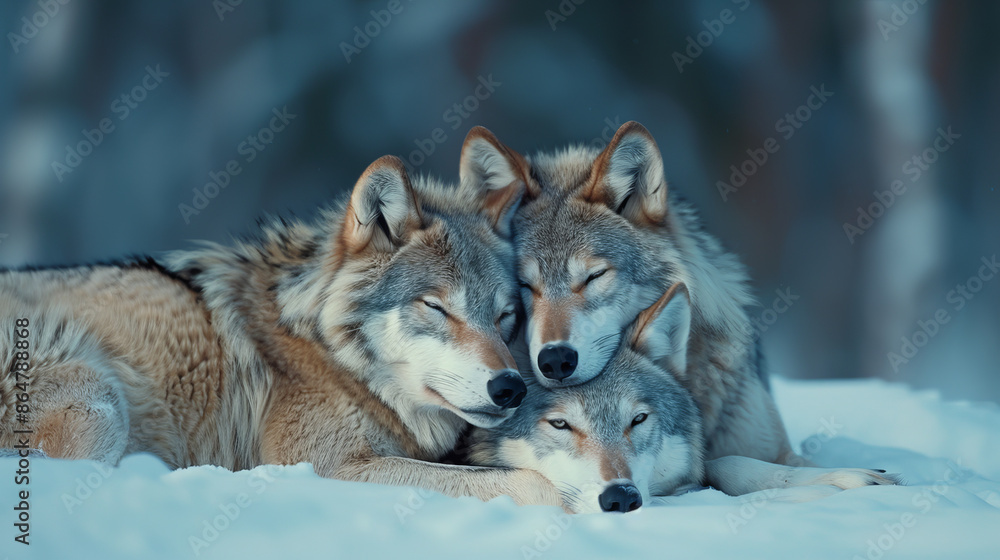 Three wolves cuddling in snowy wilderness, showcasing their bond and natural beauty in a captivating winter scene. Three wolves cuddling in snowy wilderness, showcasing their bond and natural beauty in a captivating winter scene.