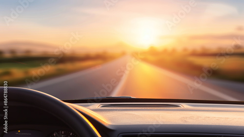 Sunset drive seen from a car dashboard, with a picturesque landscape ahead and a beautiful sky in the distance, evoking freedom and adventure. © enterdigital
