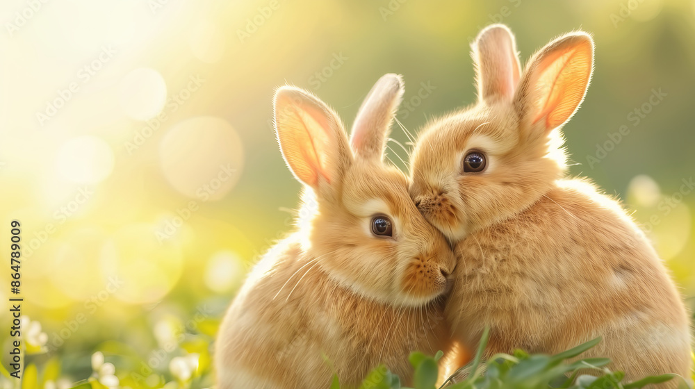 Fototapeta premium Two adorable baby rabbits snuggling together in a field, bathed in warm, golden sunlight. Perfect for spring and nature themes.
