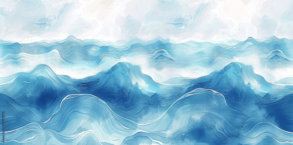 Fototapeta premium Abstract Watercolor Ocean Waves in Pastel Blue Tones for Textile Print, Wallpaper, Poster Design