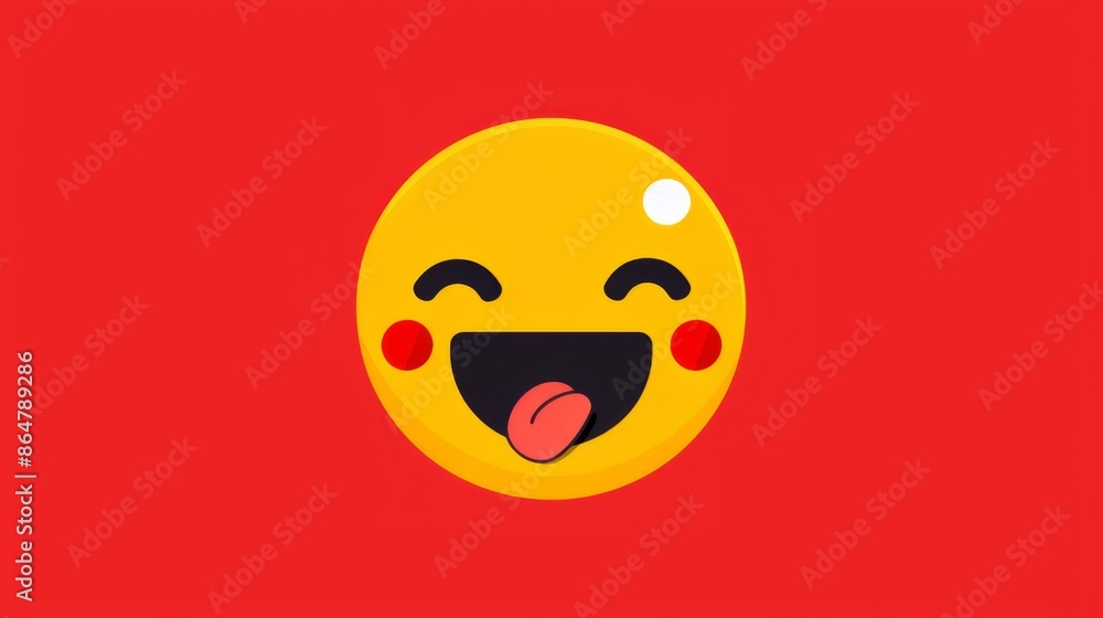 Happy yellow emoji on red background w/ playful smile and tongue out. Eyes closed, flushed cheeks convey happiness Happy yellow emoji on red background w/ playful smile and tongue out. Eyes closed, flushed cheeks convey happiness