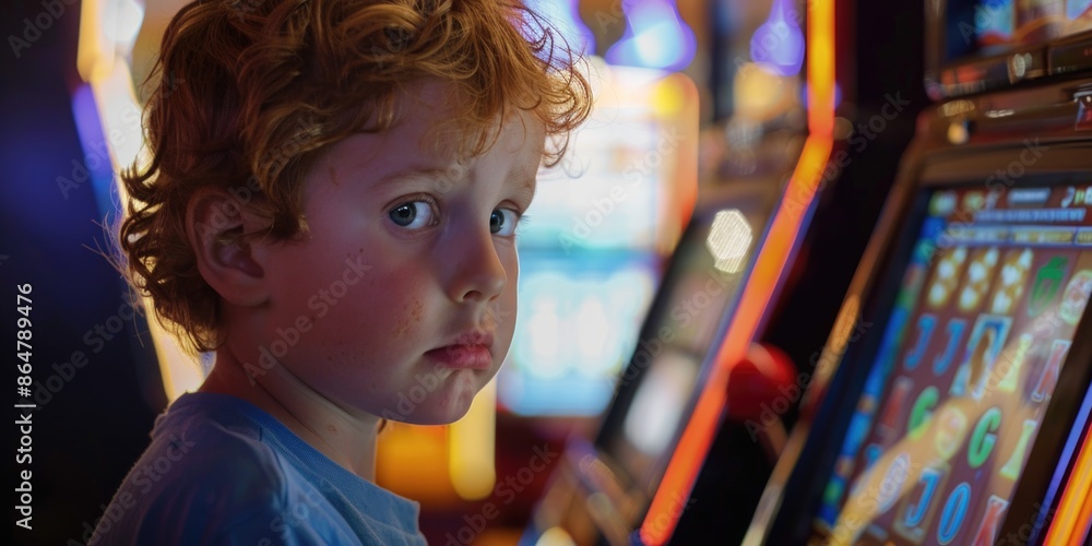 A young boy is playing a video game at a casino. He is looking at the screen with a frown on his face A young boy is playing a video game at a casino. He is looking at the screen with a frown on his face