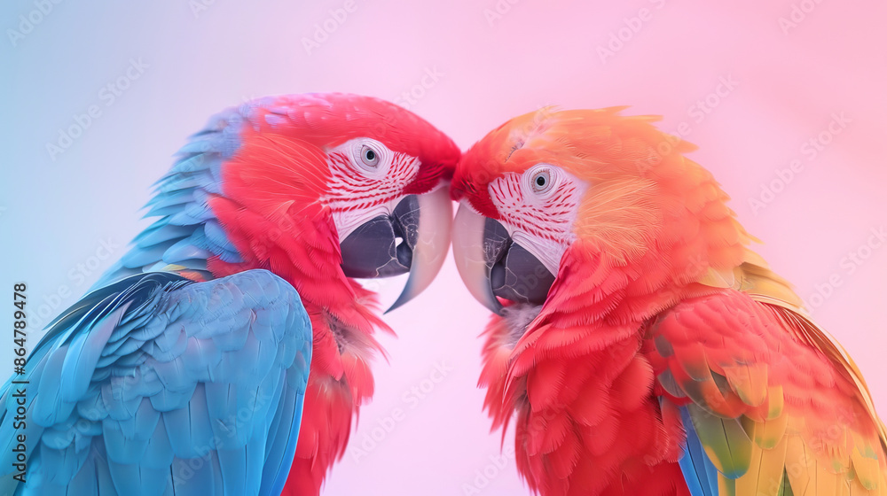 Obraz premium Two vibrant macaws facing each other with colorful feathers, creating a striking and beautiful image full of vivid details and natural beauty.