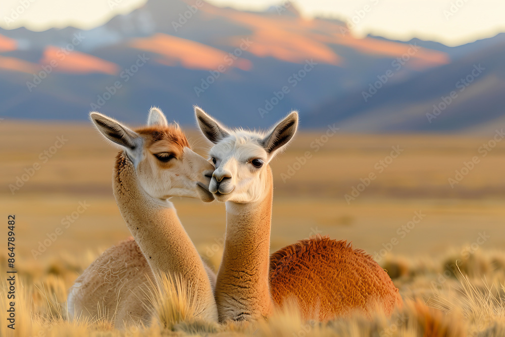 Two vicunas in an Andean landscape enjoying a serene moment with a beautiful mountain background at sunset. Two vicunas in an Andean landscape enjoying a serene moment with a beautiful mountain background at sunset.
