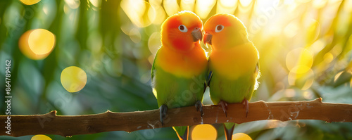 Two vibrant lovebirds perched on a branch bathed in golden sunlight, surrounded by a lush green foliage backdrop and bokeh lights.
