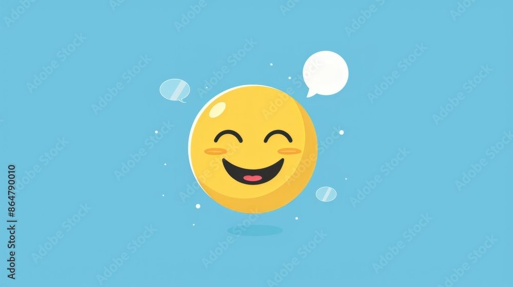 Naklejka premium A cartoon yellow emoji smiles with a thinking bubble above its head against a blue background