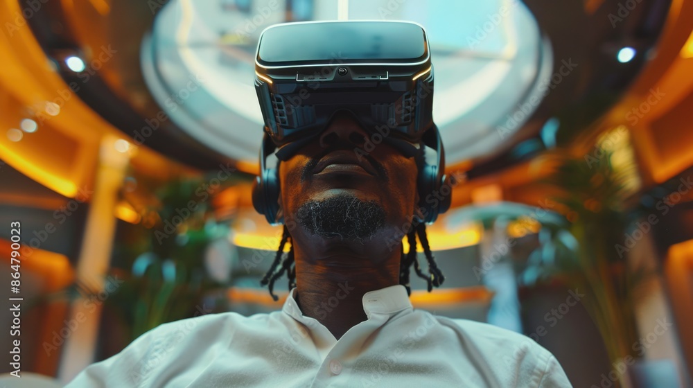 A man wearing a virtual reality headset is sitting in a room with plants A man wearing a virtual reality headset is sitting in a room with plants