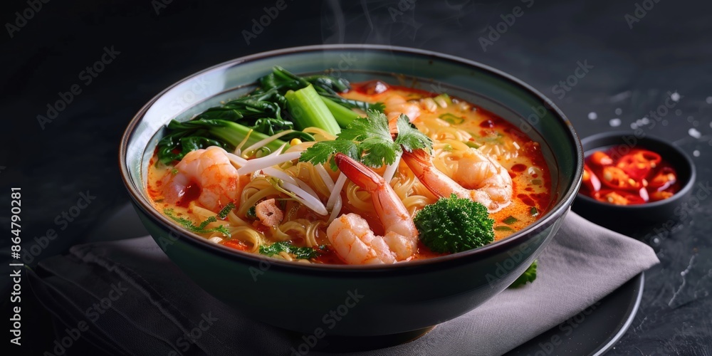 A bowl of shrimp and broccoli soup is served on a plate. The plate is placed on a table, and there is a napkin nearby A bowl of shrimp and broccoli soup is served on a plate. The plate is placed on a table, and there is a napkin nearby