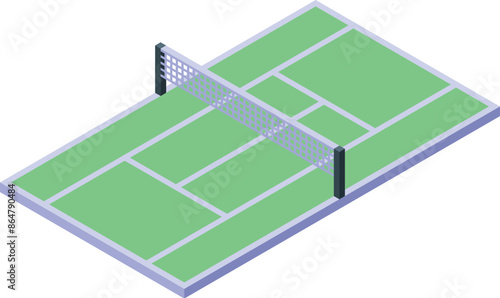 Isometric tennis court with net dividing the playing field for a tennis match