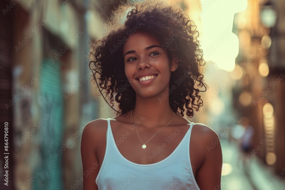 A woman with curly hair is smiling and wearing a necklace. She is standing on a street with a building behind her A woman with curly hair is smiling and wearing a necklace. She is standing on a street with a building behind her