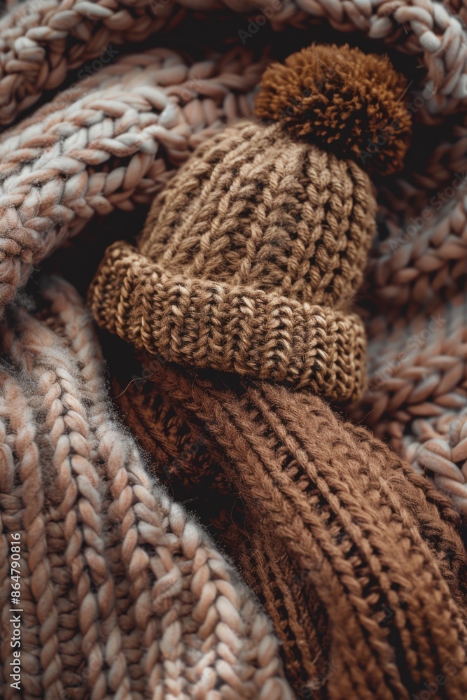 A brown knit hat is sitting on top of a gray knit scarf. The hat is pom pom shaped and has a brown and tan color. The scarf is also knitted and has a similar color scheme A brown knit hat is sitting on top of a gray knit scarf. The hat is pom pom shaped and has a brown and tan color. The scarf is also knitted and has a similar color scheme
