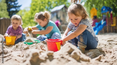 A group of children playing in the sand. One of the children is wearing a blue shirt