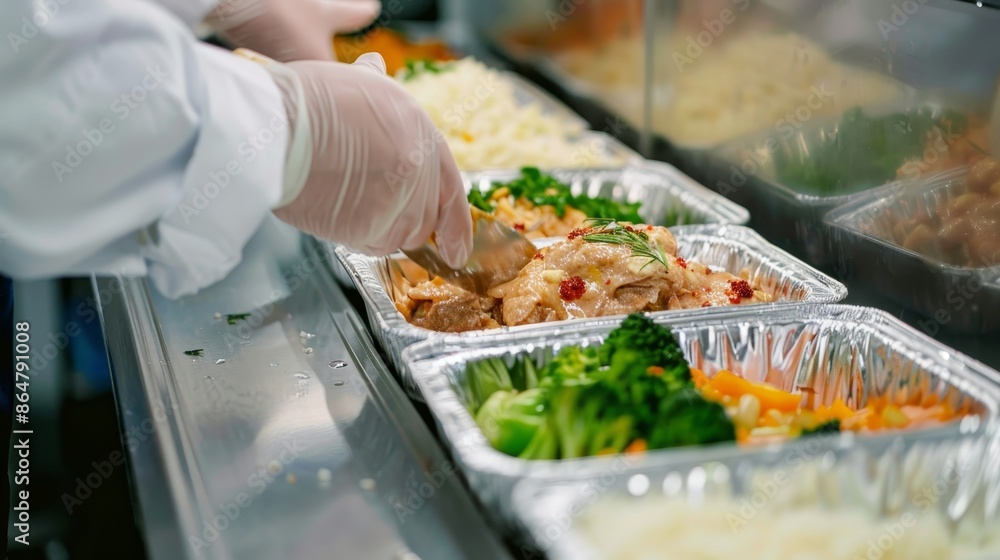 Obraz premium A chef preparing disposable lunch boxes, filled with freshly cooked meals, ready for delivery, detailed food textures, clean and efficient process