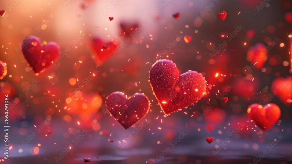Obraz premium A bunch of red hearts are flying in the air. Concept of love and warmth