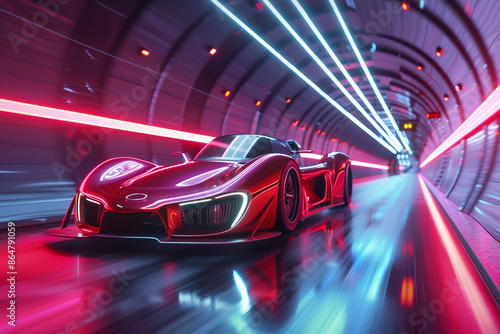 Wallpaper Mural A modern high speed red racing car drives through a neon tunnel. Futuristic technology 3D rendering. Torontodigital.ca