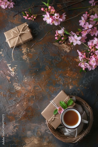 A basket with a tea cup and two boxes of gifts on a table. Concept of warmth and comfort, as the tea cup and gifts suggest a cozy and intimate setting