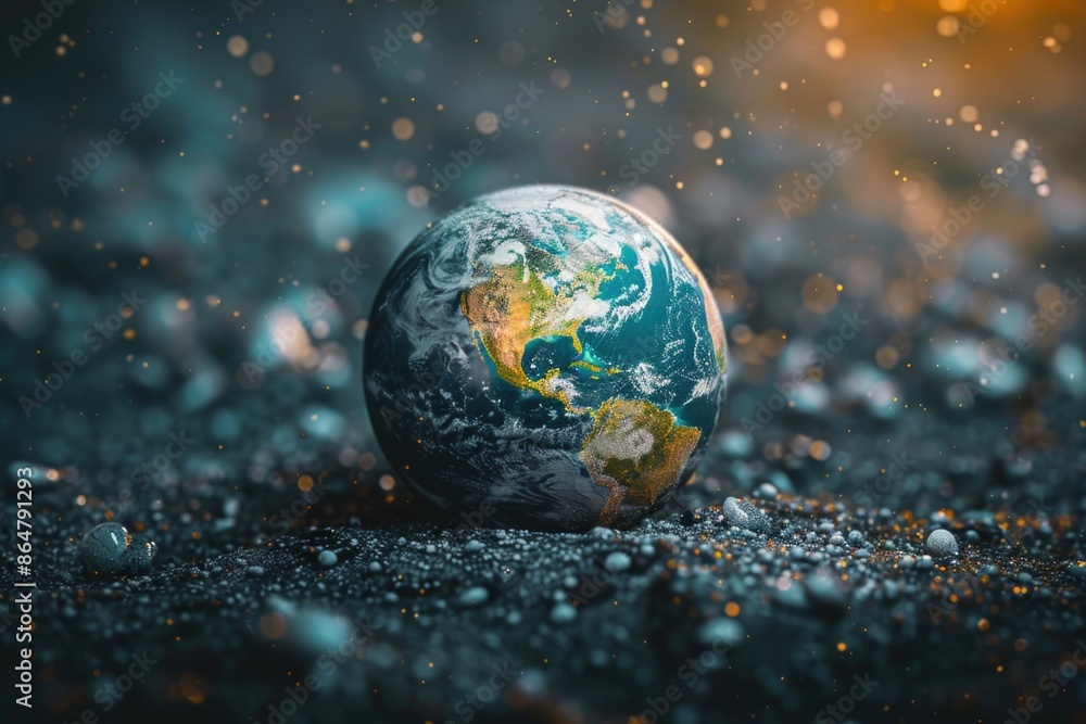 A small blue and green planet is sitting on a rocky surface. The planet is surrounded by a lot of rocks and debris, giving it a somewhat desolate appearance A small blue and green planet is sitting on a rocky surface. The planet is surrounded by a lot of rocks and debris, giving it a somewhat desolate appearance