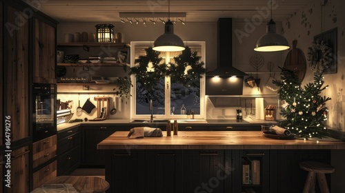 Modern farmhouse kitchen decorated for Christmas with festive lights and a Christmas tree. Cozy winter holiday home interior. photo
