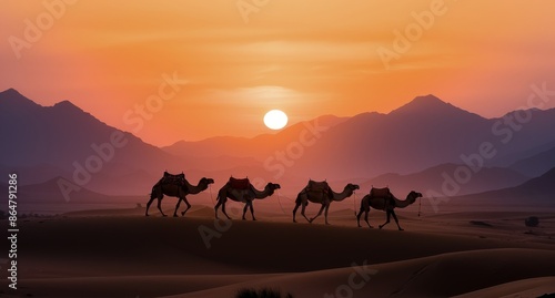 Camel Caravan Silhouette At Sunset In The Sahara Desert