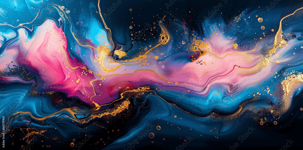 Luxury Abstract Fluid Art with Liquid Gold Swirls and Pink Blue Waves on Black Background Luxury Abstract Fluid Art with Liquid Gold Swirls and Pink Blue Waves on Black Background