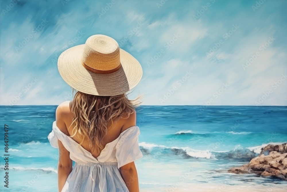 A beautiful young woman with long hair, wearing a straw hat and a white dress on the background of the sea, a view from the back. A beautiful young woman with long hair, wearing a straw hat and a white dress on the background of the sea, a view from the back.