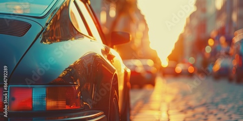 A black car is parked on a street with a sunset in the background. The car is the main focus of the image, and the sunset adds a warm and peaceful atmosphere to the scene photo