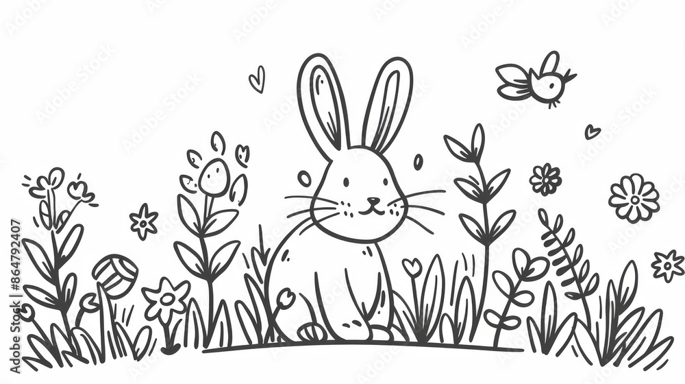 A cute hand-drawn bunny sits among flowers and plants, with butterflies and hearts, creating a whimsical and playful scene in black and white. A cute hand-drawn bunny sits among flowers and plants, with butterflies and hearts, creating a whimsical and playful scene in black and white.
