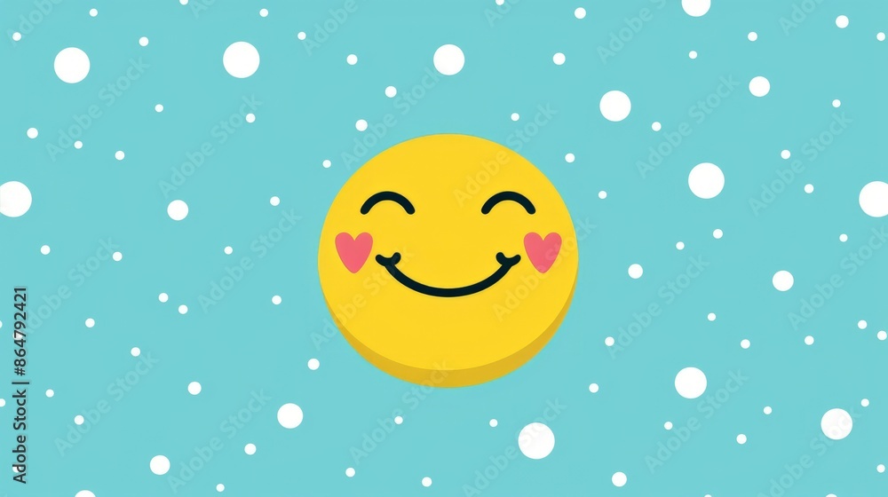 A bright yellow smiley face with pink hearts on its cheeks is upside down against a teal background with white dots A bright yellow smiley face with pink hearts on its cheeks is upside down against a teal background with white dots