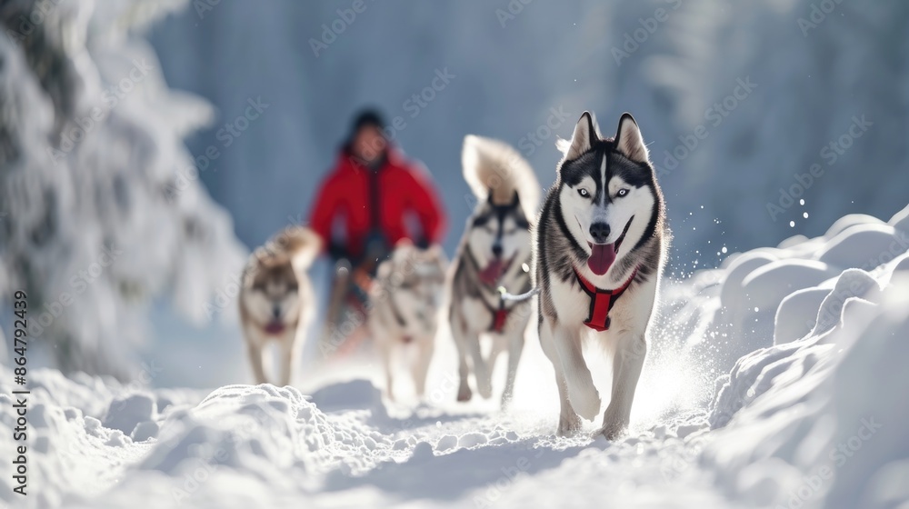 A man is pulling a sled with four dogs. The dogs are white and black and appear to be enjoying the ride A man is pulling a sled with four dogs. The dogs are white and black and appear to be enjoying the ride