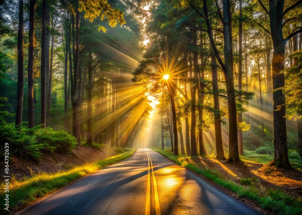 Golden sun rays illuminate a tranquil forest road at dawn, casting dappled shadows on the asphalt, surrounded by tall trees, evoking a sense of adventure and serenity. Golden sun rays illuminate a tranquil forest road at dawn, casting dappled shadows on the asphalt, surrounded by tall trees, evoking a sense of adventure and serenity.