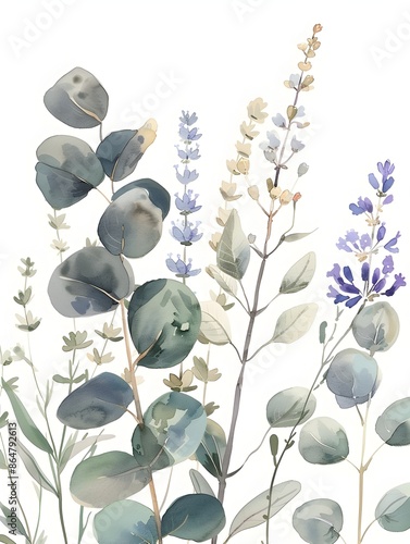 Delicate Botanical Watercolor Prints Featuring Eucalyptus Leaves and Lavender Flowers