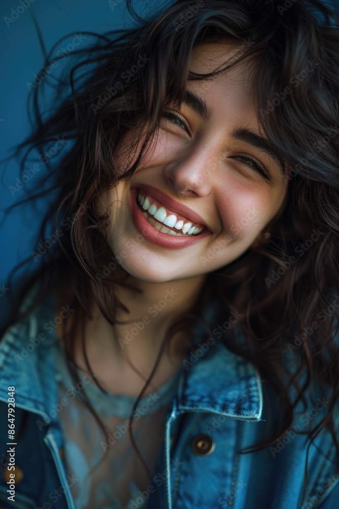 A woman with long hair is smiling and wearing a blue jacket. She has a bright, happy expression on her face A woman with long hair is smiling and wearing a blue jacket. She has a bright, happy expression on her face