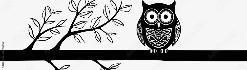 Black and white illustration of an owl perched on a branch with leaves. Minimalistic, cartoon-style drawing ideal for decorative designs. Black and white illustration of an owl perched on a branch with leaves. Minimalistic, cartoon-style drawing ideal for decorative designs.