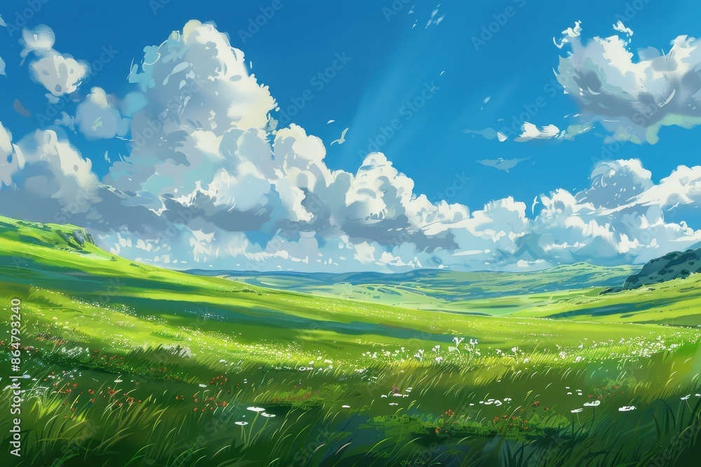 Obraz premium Grass Field landscape with blue sky and white cloud. Blue sky clouds sunny day wallpaper. Cartoon illustration of a Grass Field with blue sky in Summer. green field in a day.