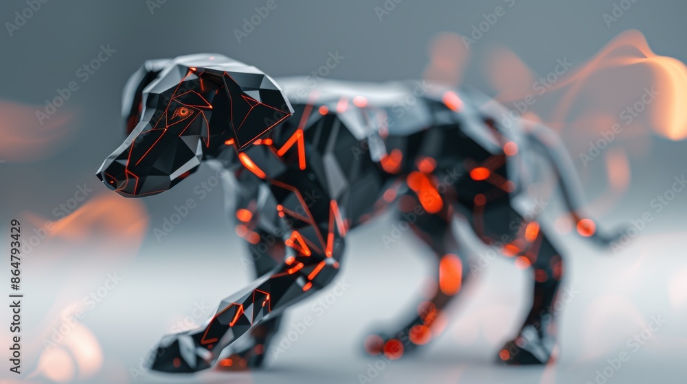 Cyber security black dog robot, refined and ready to fight, surrounded by fiery background, high-tech elements, highly detailed mechanics Cyber security black dog robot, refined and ready to fight, surrounded by fiery background, high-tech elements, highly detailed mechanics