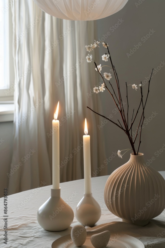 A table with two candles and a vase of flowers. The scene is serene and calming, with the candles providing a warm and inviting atmosphere A table with two candles and a vase of flowers. The scene is serene and calming, with the candles providing a warm and inviting atmosphere