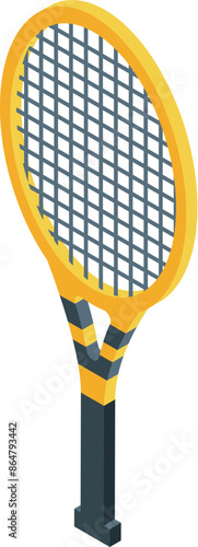 Yellow tennis racket standing on a white background, isometric view