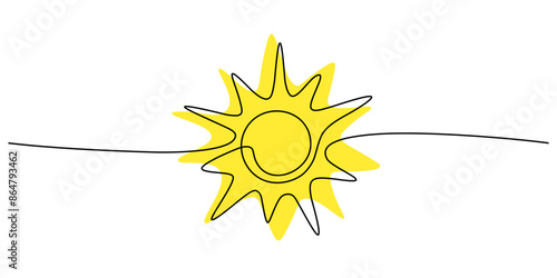 One continuous line sun sketch with yellow stain. Doodle art drawing, shining linear sunny icon isolated. Editable stroke, vector footer design