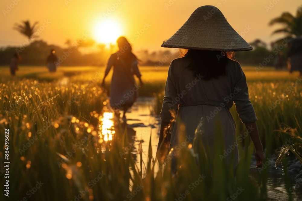 A woman wearing a straw hat walks through a field of tall grass. The sun is setting in the background, casting a warm glow over the scene. The woman is alone A woman wearing a straw hat walks through a field of tall grass. The sun is setting in the background, casting a warm glow over the scene. The woman is alone
