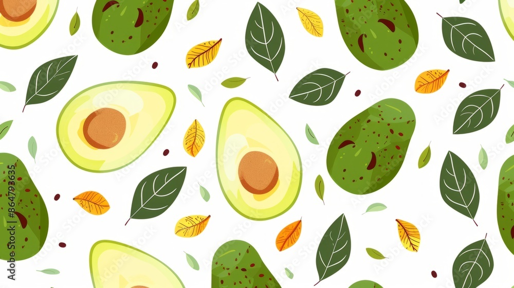 A vibrant, flat style illustration of avocados and leaves on a white background. The design is perfect for a modern, healthy aesthetic A vibrant, flat style illustration of avocados and leaves on a white background. The design is perfect for a modern, healthy aesthetic