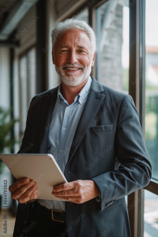 Fototapeta premium A man in a suit holding a tablet. He is smiling and he is happy. Concept of professionalism and confidence