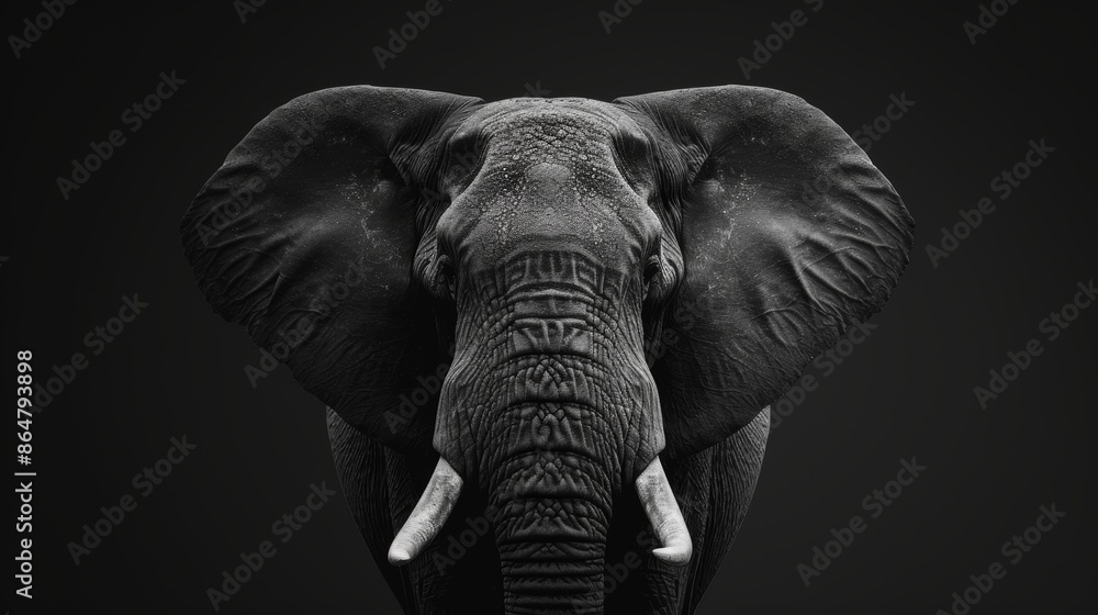 Fototapeta premium Close-up of elephant head, black and white tones, intricate texture, black background, classic and intense visual