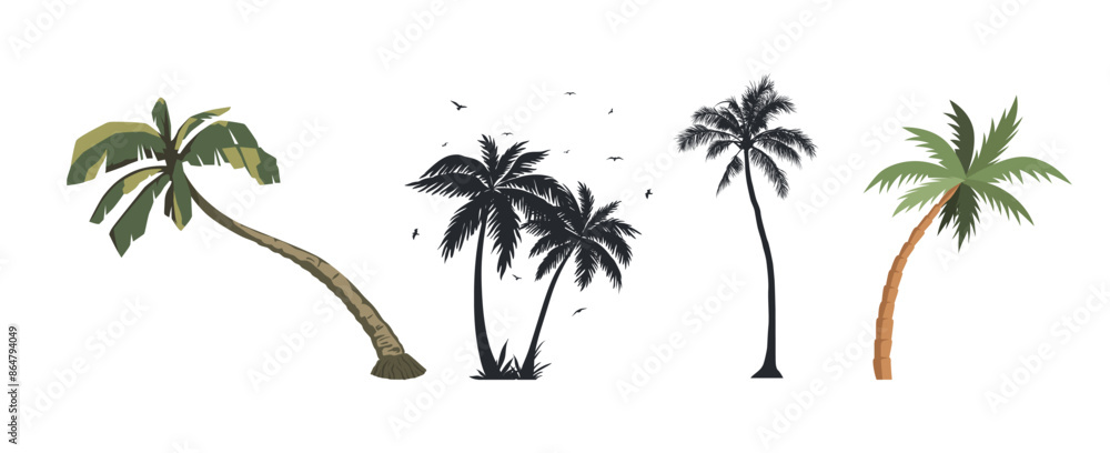 vector illustration of coconut trees and coconut tree silhouettes. Design elements for banners and others with the concept of beach holidays, nature exploration and forest maintenance vector illustration of coconut trees and coconut tree silhouettes. Design elements for banners and others with the concept of beach holidays, nature exploration and forest maintenance