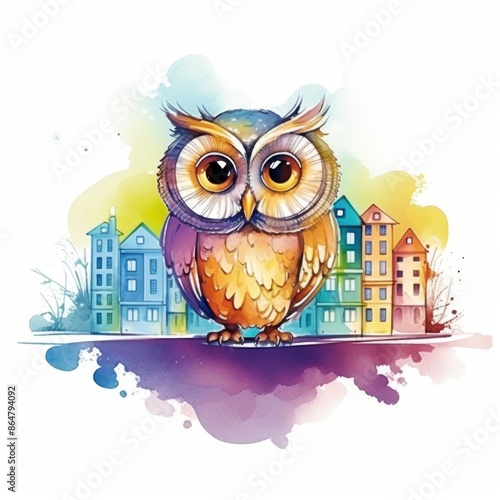 Colorful watercolor illustration of an owl with vibrant cityscape background, perfect for creative projects and children's books. photo