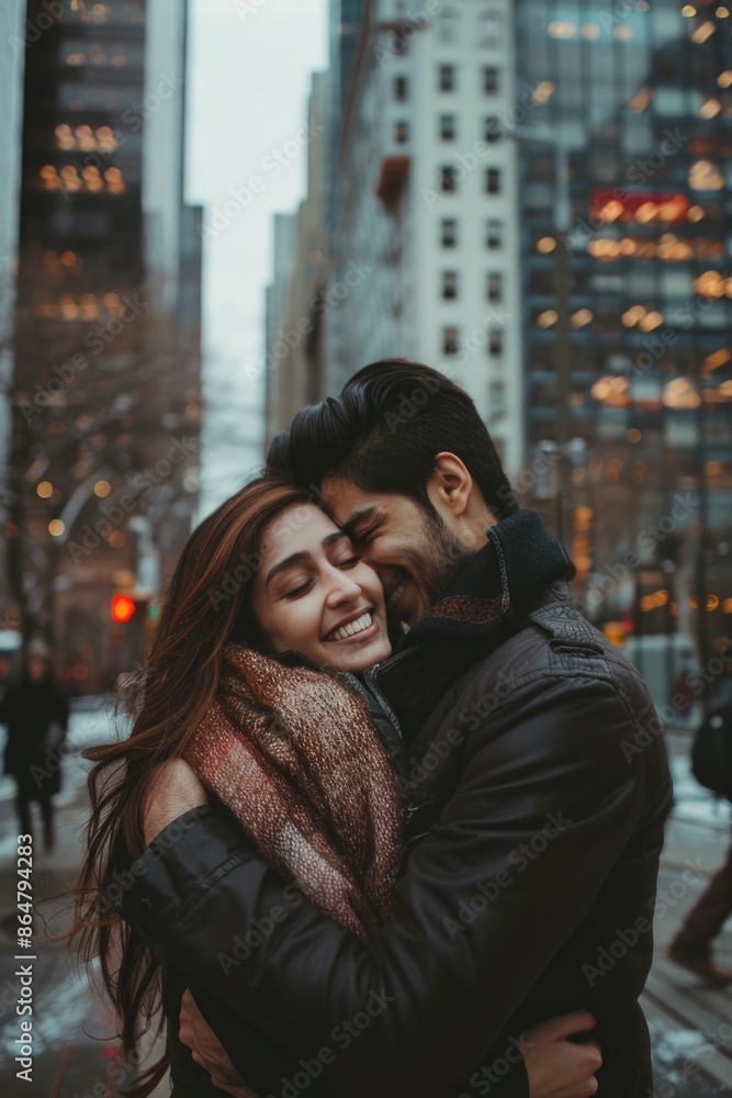 A couple is hugging in the city, with the man wearing a leather jacket. The woman is wearing a scarf and a black coat. Scene is warm and affectionate A couple is hugging in the city, with the man wearing a leather jacket. The woman is wearing a scarf and a black coat. Scene is warm and affectionate