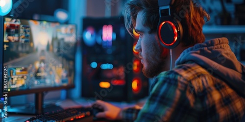 A man is playing a video game with a headset on. He is focused on the screen and he is enjoying himself