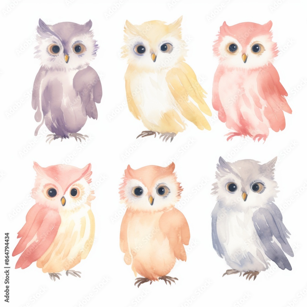 Fototapeta premium Cute watercolor illustrations of six colorful owls. Perfect for art prints, cards, and children's decoration.