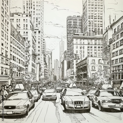 Detailed sketch of a bustling city street scene with cars and high-rise buildings, showcasing urban life and architecture.